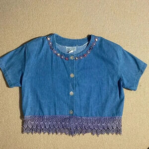 Vintage Bridge Women’s Denim Size Large Button Down Flower Detail Blouse